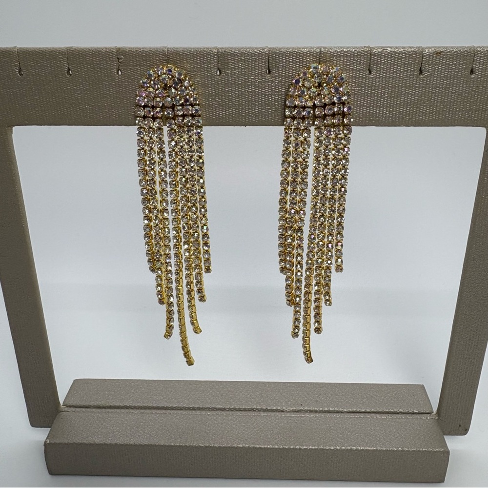 Long Clear AB Crystal Rhinestone Dangle Fringe Gold Tone Earrings